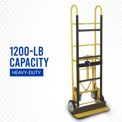 Yellow heavy duty hand truck 1200 pound capacity appliance dolly with convertible two or four wheel design eight inch rubber wheels