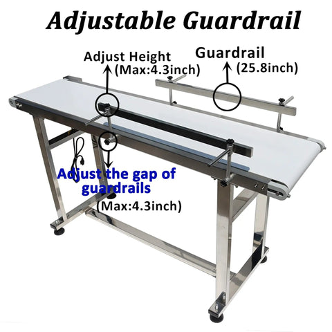 Heavy Duty Industrial Flat Conveyor Belt Built Like A Tank With Adjustable Guardrails Stainless Steel Frame Variable Speed Motor showcasing adjustable guardrails.