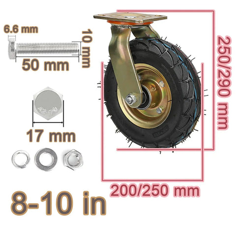 Heavy Duty Industrial Casters, Four Piece Replacement Kit, smooth rolling pneumatic rubber wheel with swivel mount and hardware.