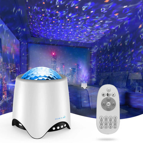 Star Projector Night Light For Bedroom With Galaxy Ocean Wave Effects showing room projection with remote control.