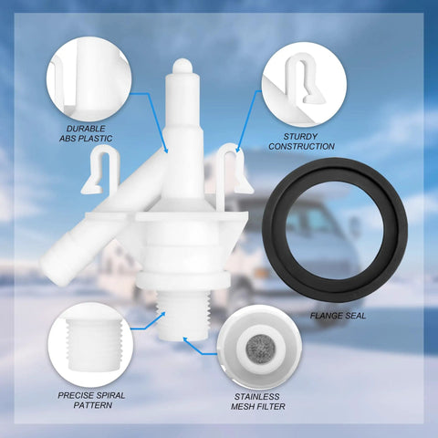 RV Toilet Valve Kit Easy Install Replacement for Pedal Flush Toilets 300 301 310 311 320 321, Compatible Upgrade for Camper And Motorhome Plumbing With A Reliable Seal And Long Lasting Performance For Stress Free RV Use. white ABS RV toilet valve kit with black flange seal and stainless mesh filter