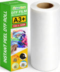 DTF Transfer Film Roll 13 Inch By 328 Feet With Premium Double Side Matte Clear Pretreat Sheets next to product box.