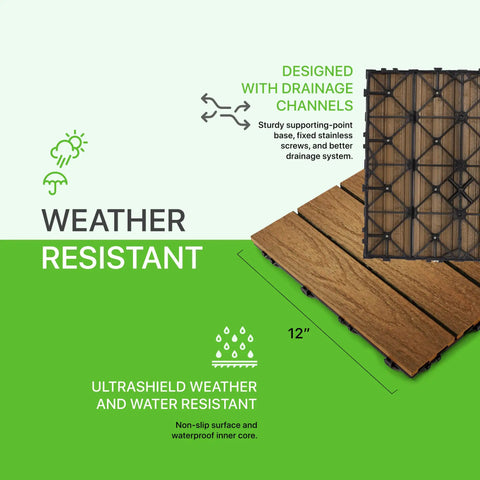 Interlocking Outdoor Composite Deck Tile 1 Ft By 1 Ft Quick Deck in Peruvian Teak with drainage channels, weatherproof design.
