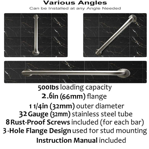Built Tough 24 Inch Shower Grab Bars 2 Pack, stainless steel bathroom safety handles, shown from multiple installation angles.