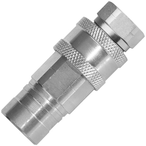 Side view of a metal hydraulic quick-connect coupler, 1/4 in ISO 5675 Pioneer style, 1/4 in NPT thread