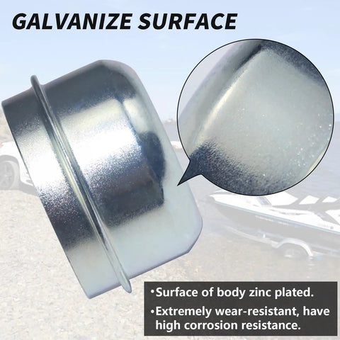 Close-up of Beefy Four Pack Trailer Axle Dust Cap Cups 1.98 Inch Hub Grease Covers showing galvanized steel surface texture