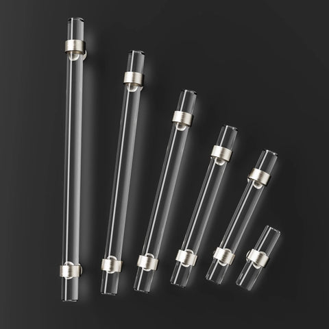 6 Pack Glass Cabinet Handles And Pulls For Cabinets And Drawers In Brushed Nickel With Crystal Glass Rod Knobs arranged on black background