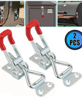 Close-up of Six Piece Adjustable Toggle Clamp Latch Set for Tool Box Doors with steel body and red handles, 2 pieces shown