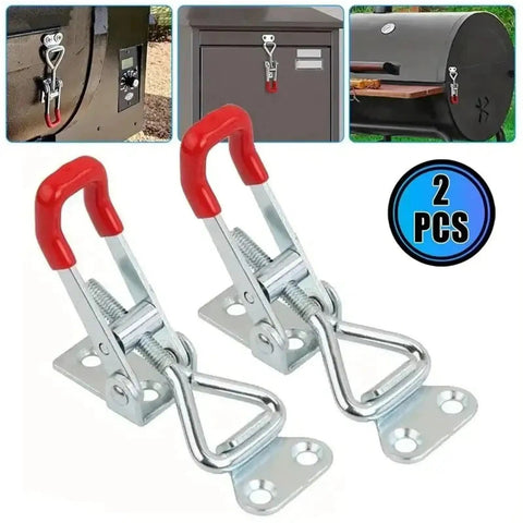 Close-up of Six Piece Adjustable Toggle Clamp Latch Set for Tool Box Doors with steel body and red handles, 2 pieces shown