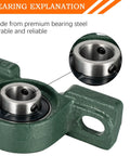 Pack of 2 pillow block bearings with 1-inch bore in green cast-iron housing; self-aligning.