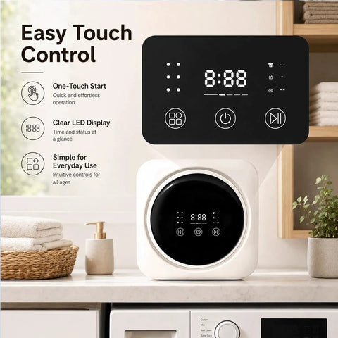 Hassle Free Compact Countertop Washer And Dryer Combo With Smart One Touch Settings and Soft Spin Cycles control panel with LED display.