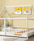 Floor Bed With Roof Frame And Safety Guardrails In White Rubber Wood for playful kids rooms in a colorful nursery setting.