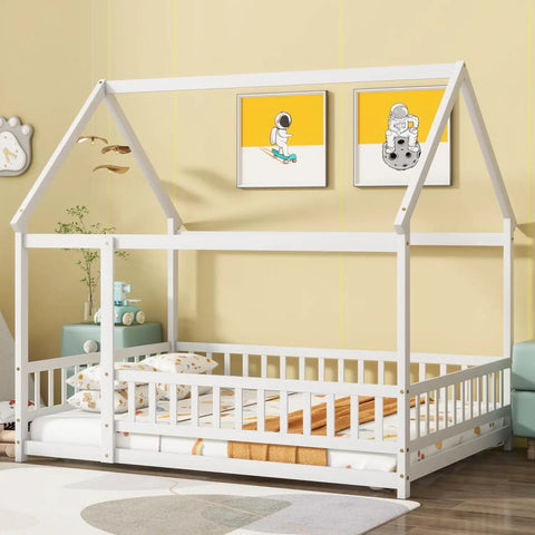 Floor Bed With Roof Frame And Safety Guardrails In White Rubber Wood for playful kids rooms in a colorful nursery setting.