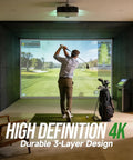 Indoor Golf Impact Screen With Triple-Layer Design For Home And Garage Training, showing golfer practicing with simulator