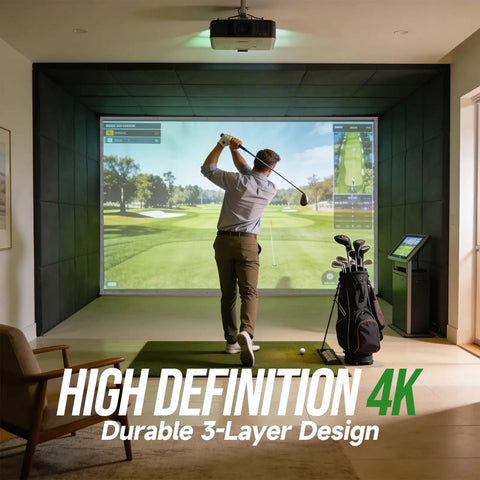 Indoor Golf Impact Screen With Triple-Layer Design For Home And Garage Training, showing golfer practicing with simulator