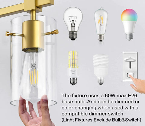 Gold Three Light Bathroom Vanity Fixture Set With Clear Globe, Compatible With Various Bulbs, Excluding Bulb & Switch