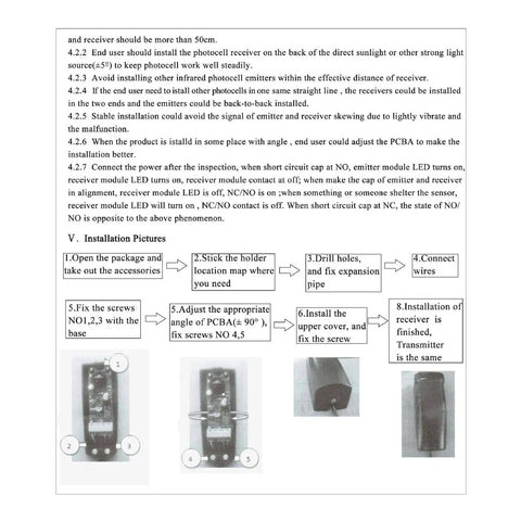 Installation guide for Driveway Alarm System Kit With Durable ABS Shell, showing steps for mounting beam and motion sensors.