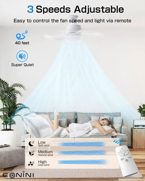 All-In-One Socket Fan Light Ceiling Fan With Remote installed in a room, illustrating 3 speeds and E26 base, remote control shown.