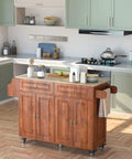 Drop Leaf Kitchen Island On Wheels With Two Drawers And Double Door Cabinets, Towel Rack And Spice Rack, Brown Finish