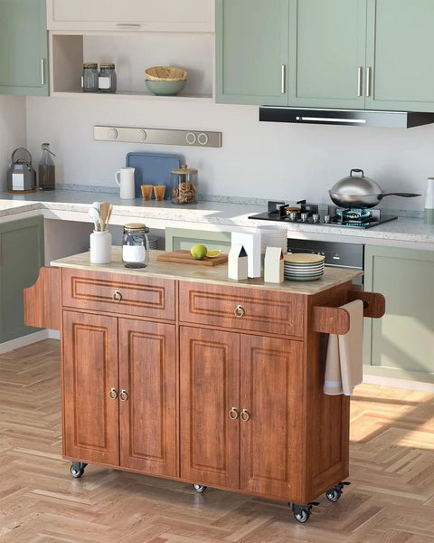 Drop Leaf Kitchen Island On Wheels With Two Drawers And Double Door Cabinets, Towel Rack And Spice Rack, Brown Finish