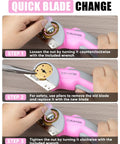 EZUVITA 4V Cordless Electric Scissors With Built-In LED Light And Rechargeable Battery shown changing blade step-by-step.