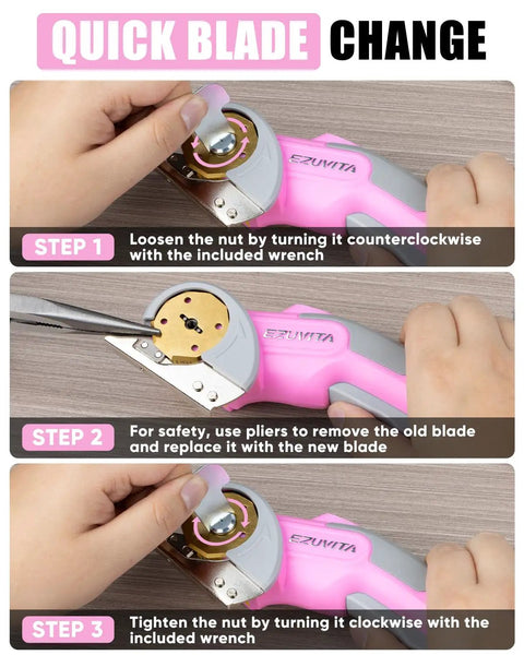 EZUVITA 4V Cordless Electric Scissors With Built-In LED Light And Rechargeable Battery shown changing blade step-by-step.