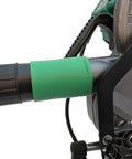 Side view of green Vacuum Dust Adapter for Metabo HPT and Hitachi miter and chop saws, attached to 10 and 12 inch saw, 2.5 inch size.