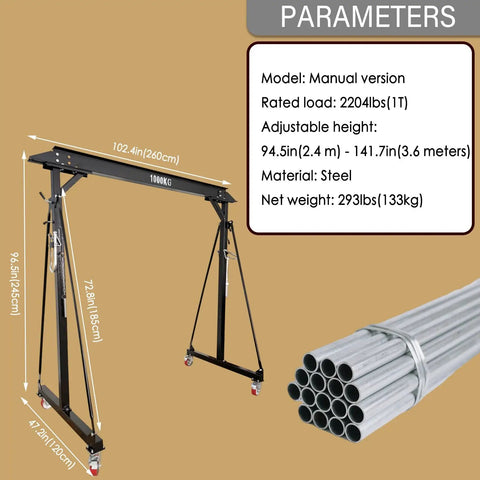 Portable Mobile Gantry Crane 1 Ton Capacity Adjustable Height 7.9 To 11.8 Feet Beefy Steel Frame Shop Crane For Factories Warehouses Auto Repair And Maintenance Pro Grade Lifting Equipment, steel frame with wheels and 1T load rating