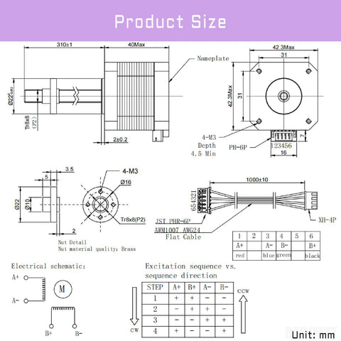 Technical diagram of Nema 17 Lead Screw Stepper Motor Twelve Inches 310mm T8 with brass nut and 100cm wiring harness