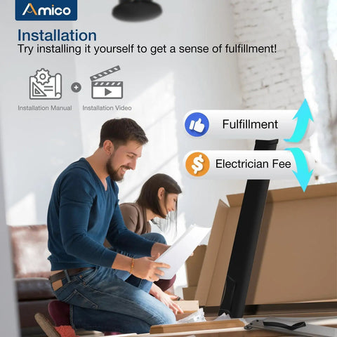 Couple reading installation manual for DIY ceiling fan setup in living room, highlighting fulfillment from self-installation.