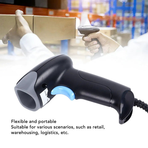 Close-up of black 2D Barcode Scanner With Lightning Fast Accurate Scanning Wired USB Handheld Reader in warehouse setting