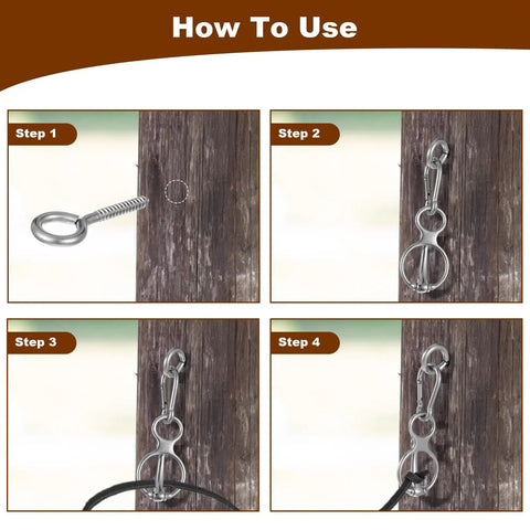 Step-by-step guide using Magnetic Tie Ring For Horses on wooden post, featuring quick snap and stainless steel construction, rust resistant