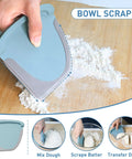All In One Bench Scraper For Dough And Pastry, blue bowl scraper used for mixing and transferring dough on wooden board