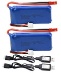 Two Pack 7.4V 1200mAh LiPo Battery Pack With JST Plug And USB Cable Replacement For UDIRC UD1601 UD1602 Pro Fisca Cheewing 1 By 16 Scale RC Trucks Helicopters Drones And Other 1 By 16 Scale RC Vehicles, showing two blue batteries with red JST plugs and USB cables
