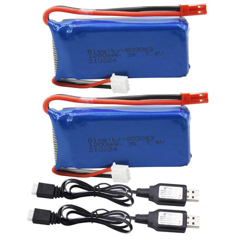 Two Pack 7.4V 1200mAh LiPo Battery Pack With JST Plug And USB Cable Replacement For UDIRC UD1601 UD1602 Pro Fisca Cheewing 1 By 16 Scale RC Trucks Helicopters Drones And Other 1 By 16 Scale RC Vehicles, showing two blue batteries with red JST plugs and USB cables