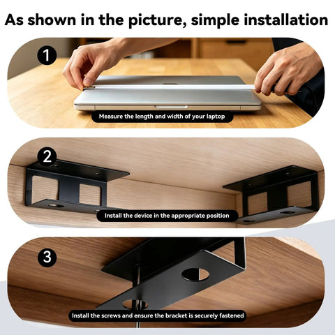 Installation steps for Super Rugged Under Desk Laptop Mount Handles Devices Up To 1.18 Inches Thick with brackets and screws.