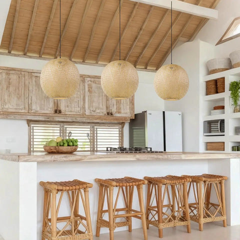 Boho Bamboo Pendant Light With Round Wicker Basket Shade Handwoven Ceiling Lamp in modern kitchen setting
