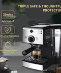 Pro Level Home Espresso Machine With Smooth Milk Frother Handle And Precision Pressure Dials brewing espresso with safety features.