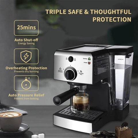 Pro Level Home Espresso Machine With Smooth Milk Frother Handle And Precision Pressure Dials brewing espresso with safety features.