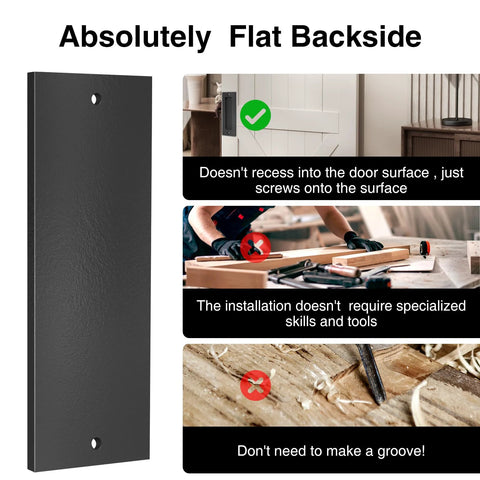 6 Inch Flush Pull Sliding Barn Door Handle Set with flat backside, matte black finish, showcasing easy installation without door recessing