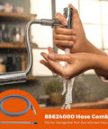 Person holding faucet with Beefy Pull-Out Hose Replacement For Kitchen Faucets With Brass Connectors, water streaming.