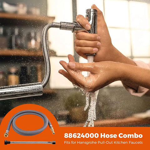 Person holding faucet with Beefy Pull-Out Hose Replacement For Kitchen Faucets With Brass Connectors, water streaming.
