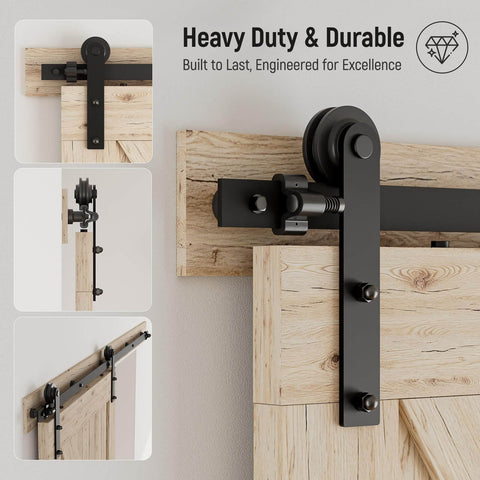 5.5Ft Single Sliding Barn Door Hardware Kit In Black Carbon Steel With Flat Track System, installed on wooden door