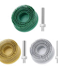 Three Piece Two Inch Bristle Disc Set For Gasket Removal Includes 50 80 120 Grit White Yellow Green Bristles With One Fourth Inch Shank