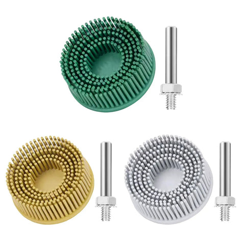 Three Piece Two Inch Bristle Disc Set For Gasket Removal Includes 50 80 120 Grit White Yellow Green Bristles With One Fourth Inch Shank