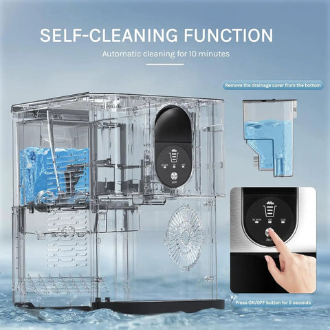 Transparent view of Party Ready Nugget Ice Maker For Countertop With 44 Lbs Per Day showing self-cleaning function and controls.