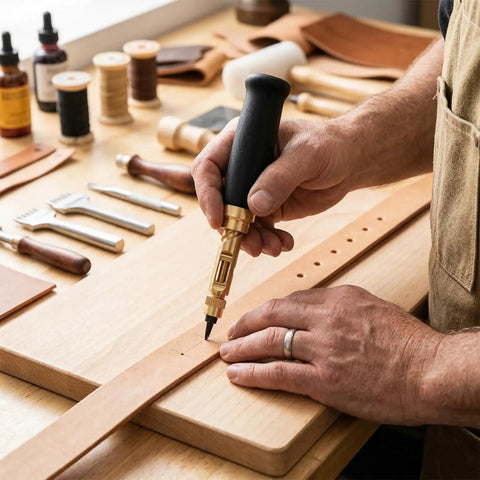 Hand using Adjustable Heavy Duty Leather Hole Punch Set With Sturdy Wooden Handle And Six Precision Brass Tips for crafting on leather.