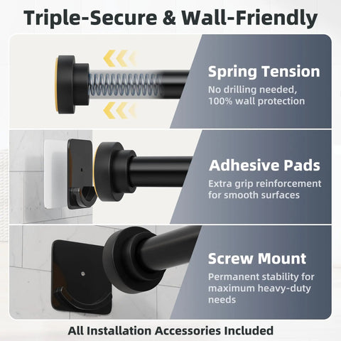 No Drill Tension Shower Curtain Rod 31 To 120 Inches, 1.1 Inch Diameter Rustproof Stainless Steel installation options