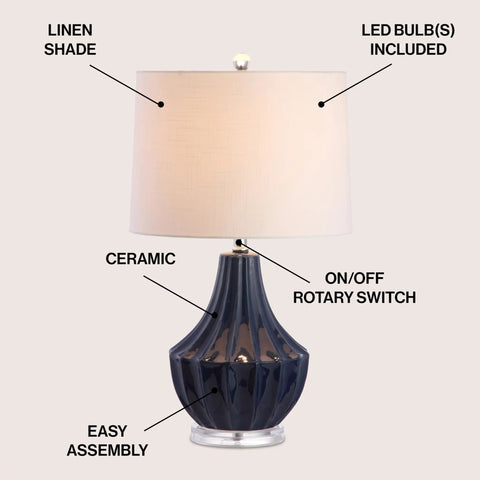 Navy Blue Ceramic Table Lamp 24.5 Inch For Bedroom And Living Room with white linen shade and fluted gourd base, LED bulb included.