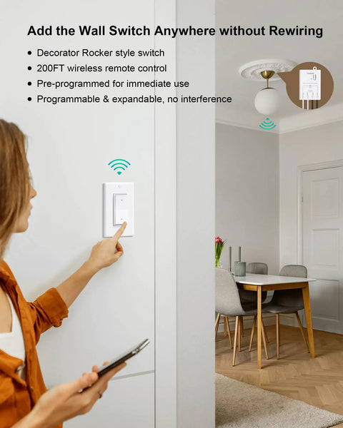 Person installing Wireless Light Switch Kit With Receiver For No In-Wall Wiring, Decorator Rocker Wall Switch in modern room.